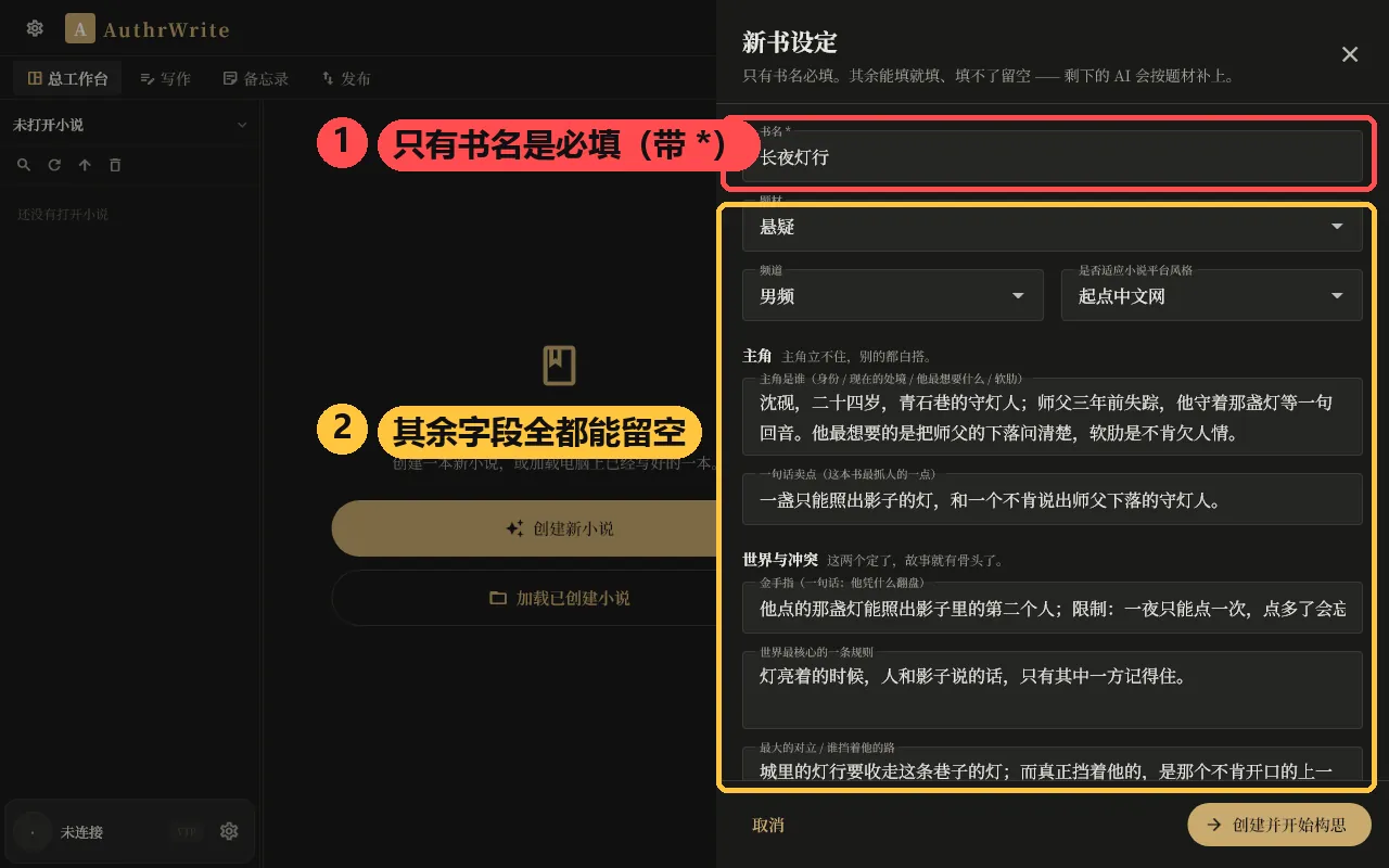 新书设定表单（示例书名《长夜灯行》）：红框标出「书名」是唯一必填，金框标出其余字段全都能留空