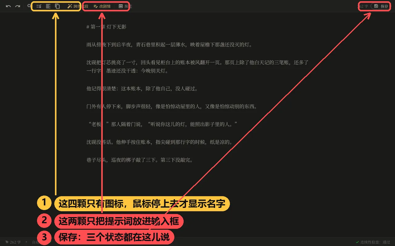 编辑器工具栏：四颗只有图标的按钮（搜索、替换标点、一键排版、复制全文），然后是带字的「润色这段」「改剧情」、预览、字数与保存